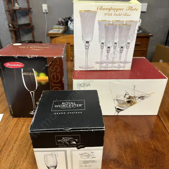 Assorted Boxes Glasses Including Champagne Flutes Etc