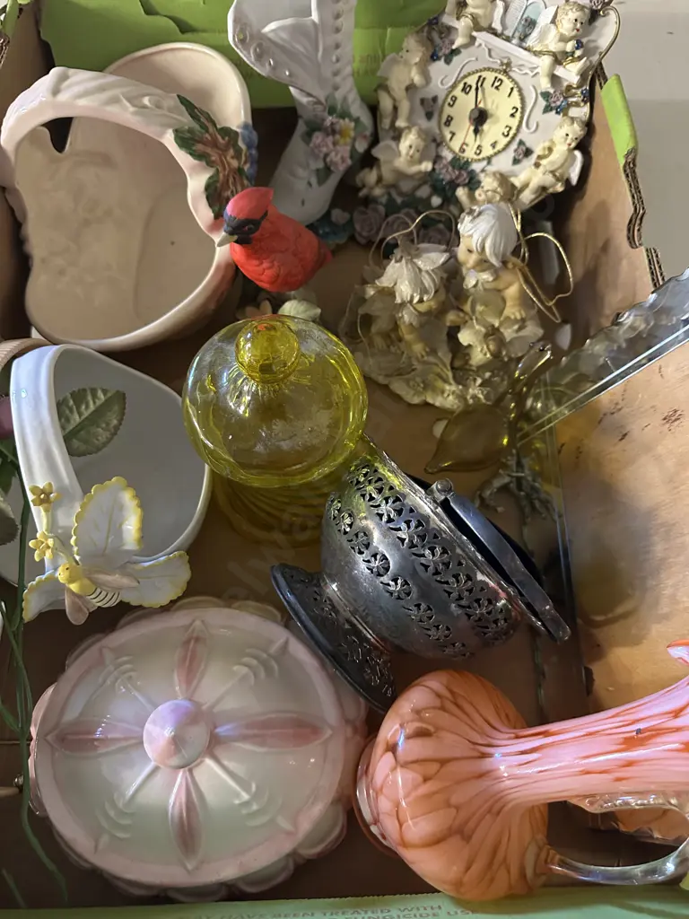 Box Lot Of Assorted China, Glassware, Wall Clock Etc Image 1++