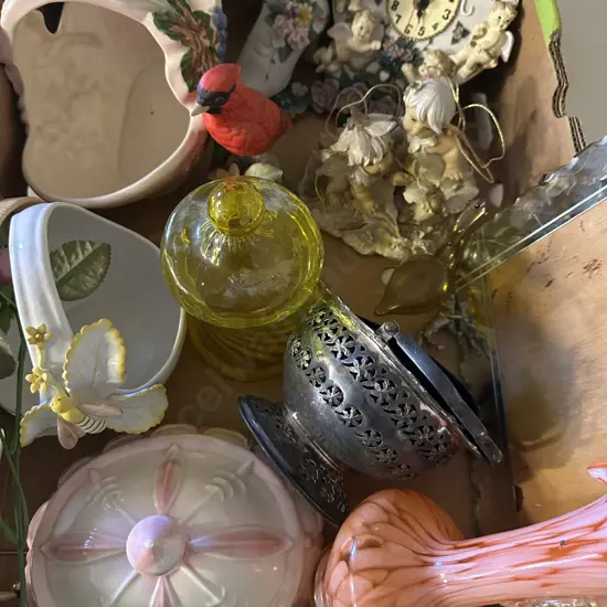 Box Lot Of Assorted China, Glassware, Wall Clock Etc