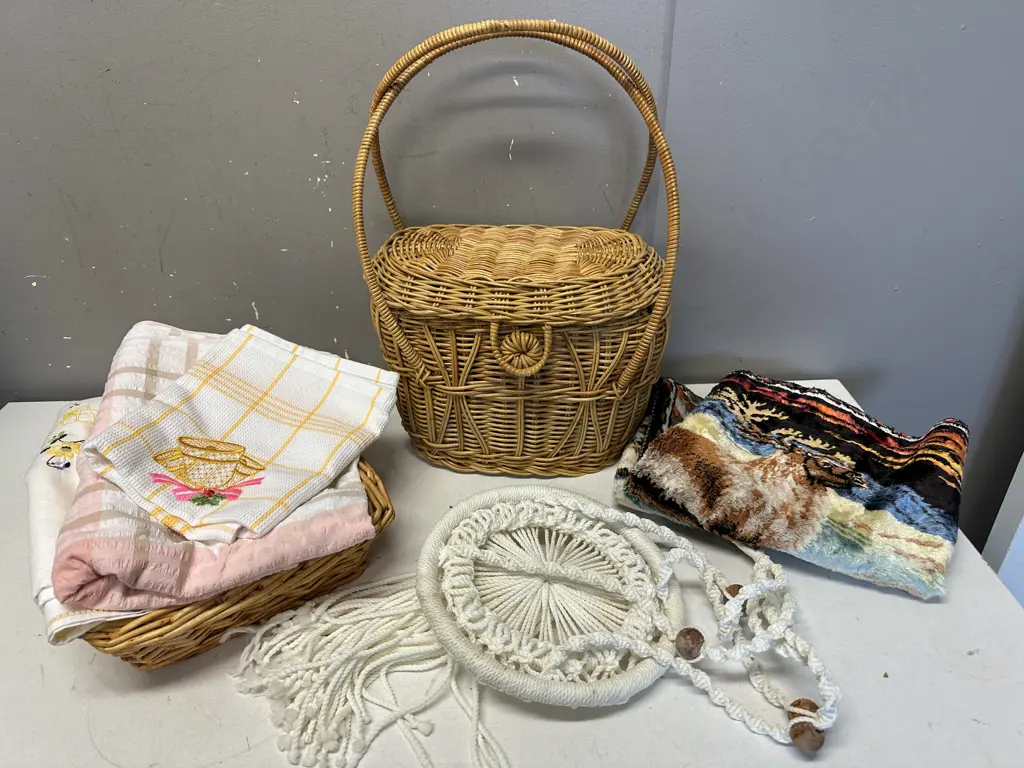 Vintage Items Including Macrami Plant Holder, Cane Basket Etc Image 1++