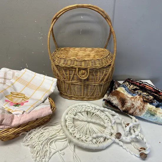 Vintage Items Including Macrami Plant Holder, Cane Basket Etc