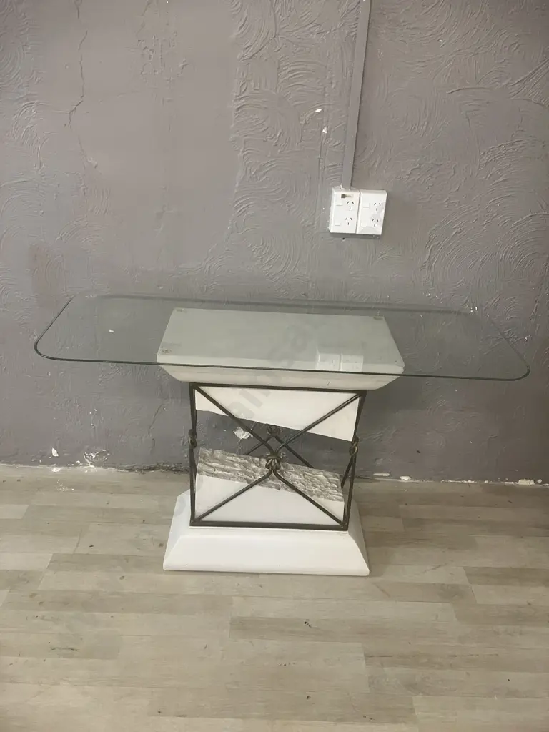 Travertine & Iron Look "Broken" Pedestal Table With Glass Top Image 1++