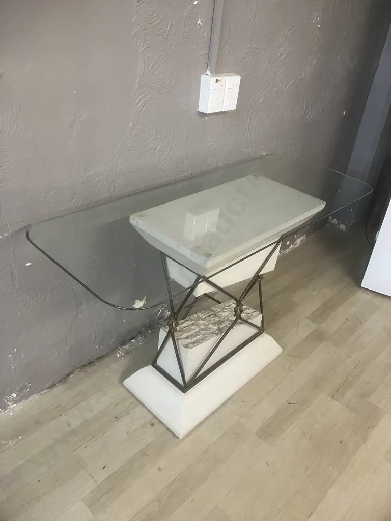 Travertine & Iron Look "Broken" Pedestal Table With Glass Top Image 1++