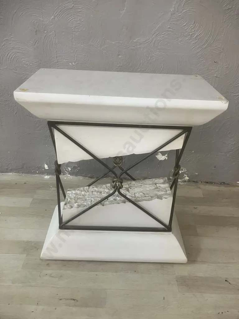 Travertine & Iron Look "Broken" Pedestal Table With Glass Top Image 1++