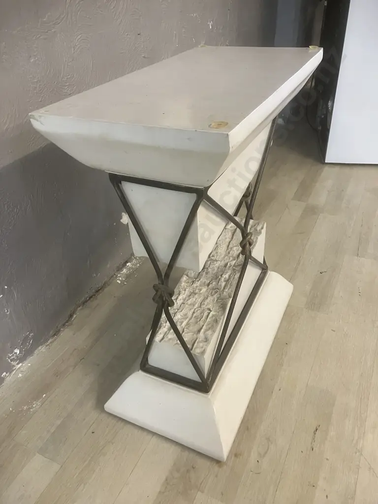 Travertine & Iron Look "Broken" Pedestal Table With Glass Top Image 1++