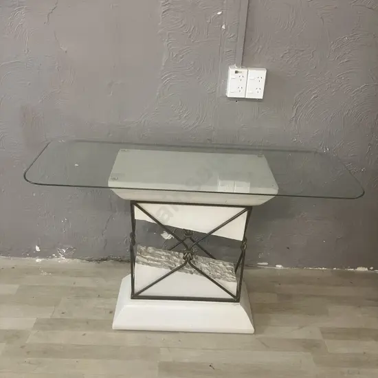 Travertine & Iron Look "Broken" Pedestal Table With Glass Top