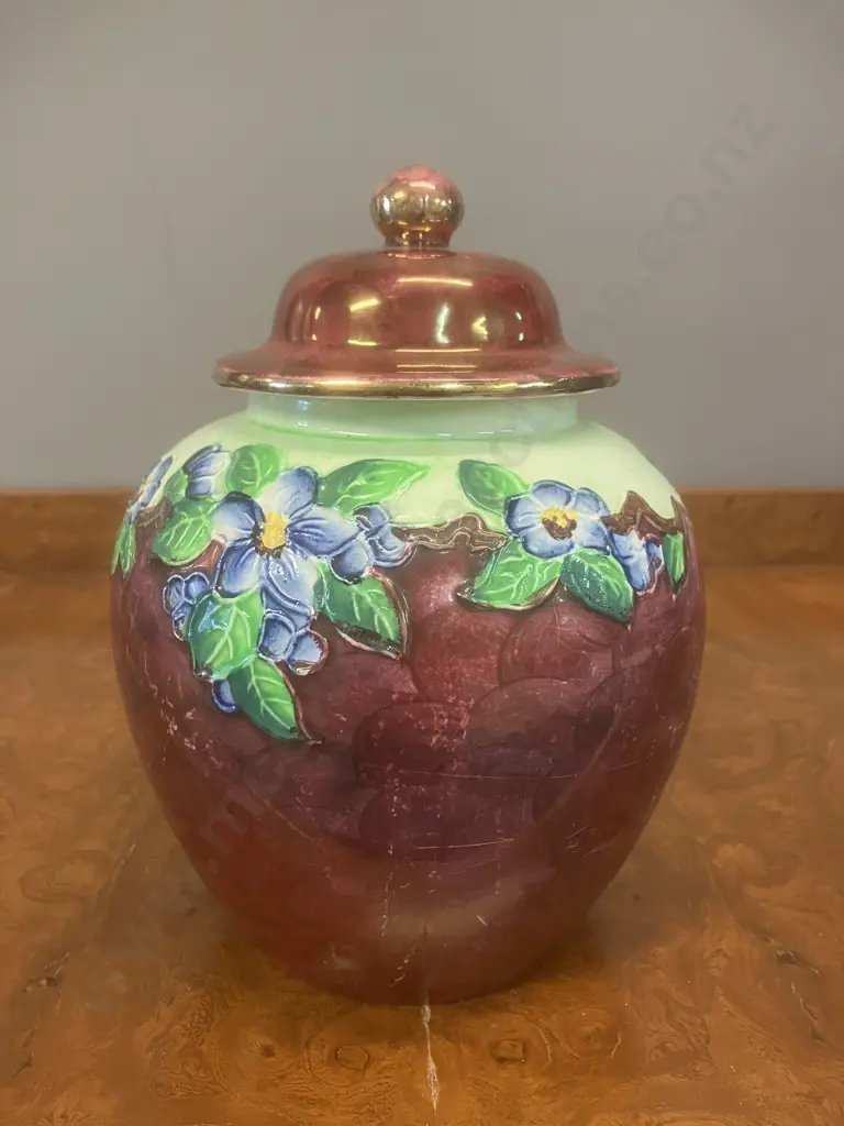 Maling Embossed Blossom Bough Pink for Ruby Lidded Ginger Jar c1950s. H20cm Image 1++