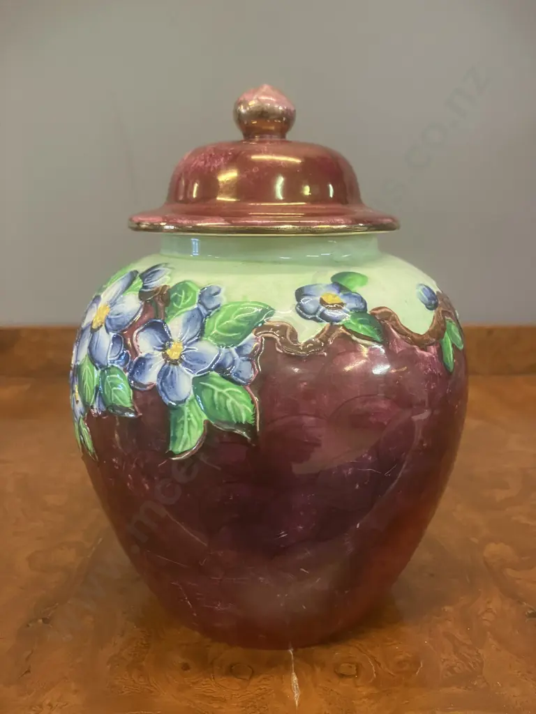 Maling Embossed Blossom Bough Pink for Ruby Lidded Ginger Jar c1950s. H20cm Image 1++