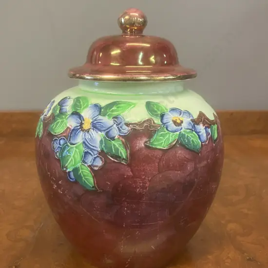 Maling Embossed Blossom Bough Pink for Ruby Lidded Ginger Jar c1950s. H20cm