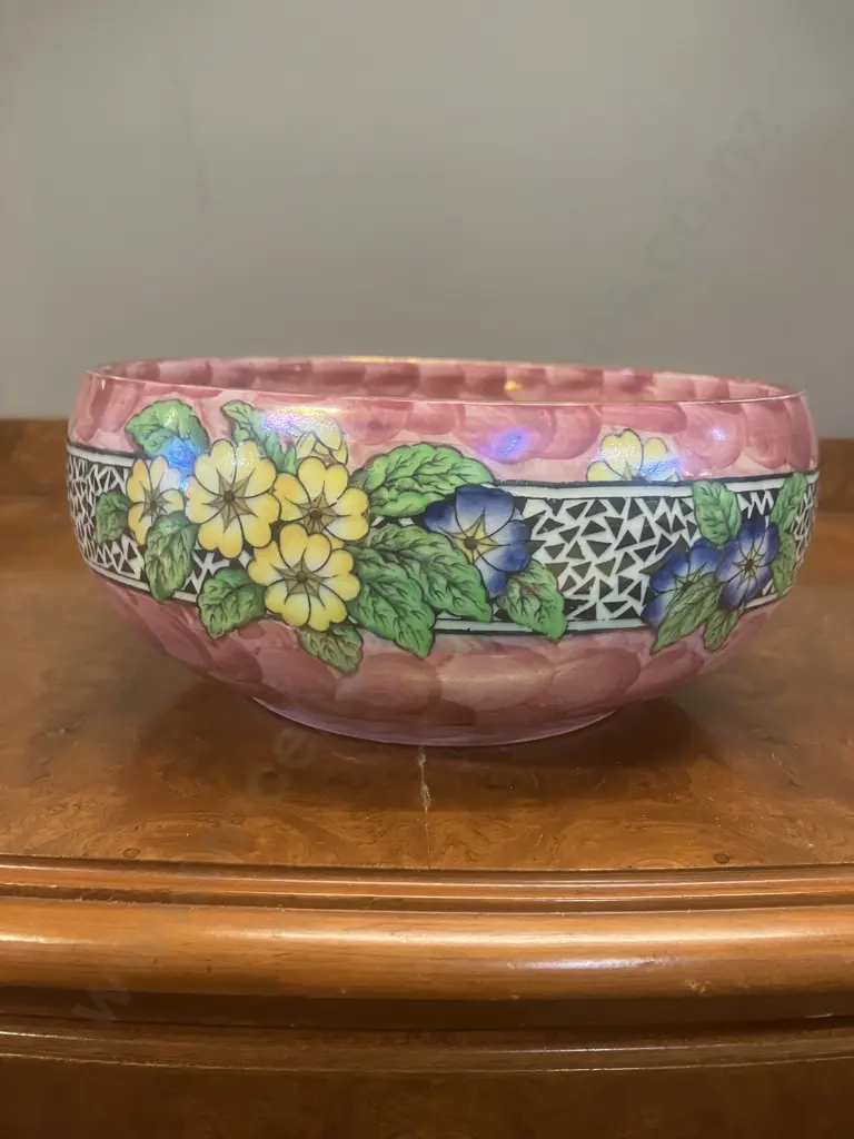 Maling Rose Pink Lustre 'Primrose Border' Art Deco Bowl c1930s. Printed Maling Mark & Painted Pattern number 6404. W21cm Image 1++