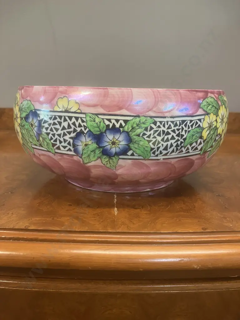 Maling Rose Pink Lustre 'Primrose Border' Art Deco Bowl c1930s. Printed Maling Mark & Painted Pattern number 6404. W21cm Image 1++