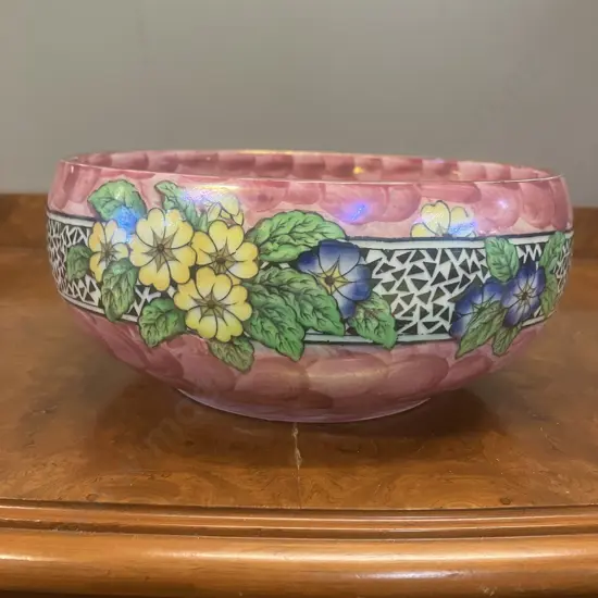 Maling Rose Pink Lustre 'Primrose Border' Art Deco Bowl c1930s. Printed Maling Mark & Painted Pattern number 6404. W21cm