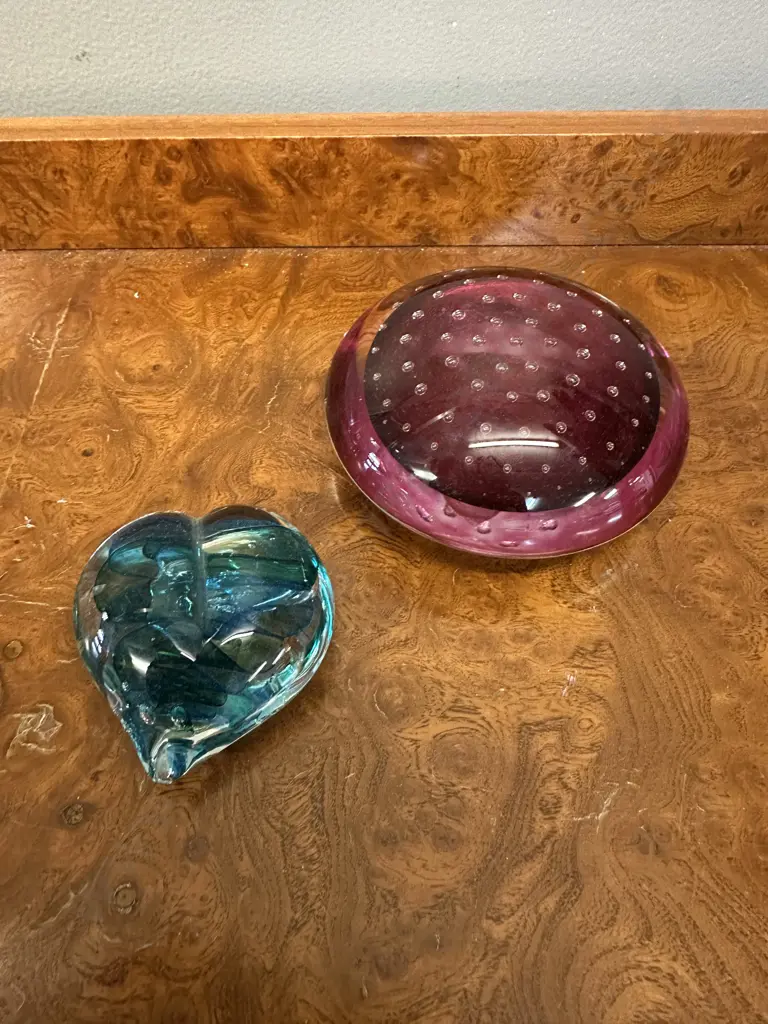 Paper Weights x 2 - Signed Vintage Pink Glass Controlled Bubble Love Heart Image 1++