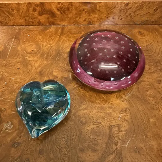 Paper Weights x 2 - Signed Vintage Pink Glass Controlled Bubble Love Heart