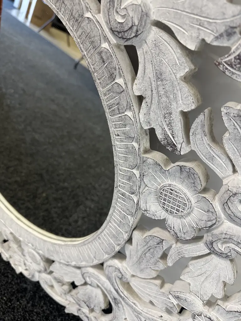 Round White Distressed Carved Wooden Wall Mirror. Dia 80cm Image 1++