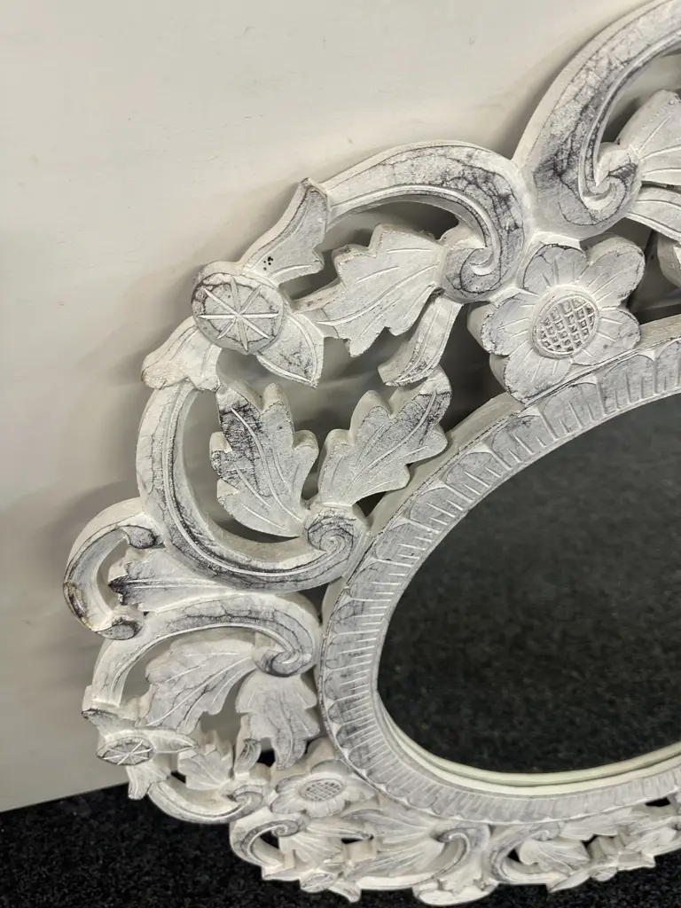 Round White Distressed Carved Wooden Wall Mirror. Dia 80cm Image 1++
