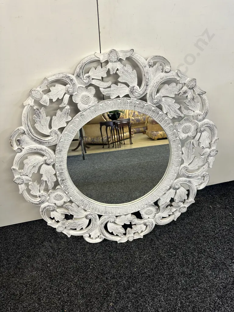 Round White Distressed Carved Wooden Wall Mirror. Dia 80cm Image 1++