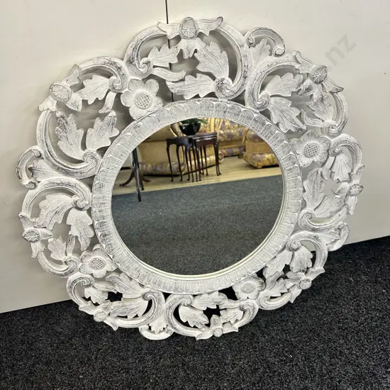 Round White Distressed Carved Wooden Wall Mirror. Dia 80cm