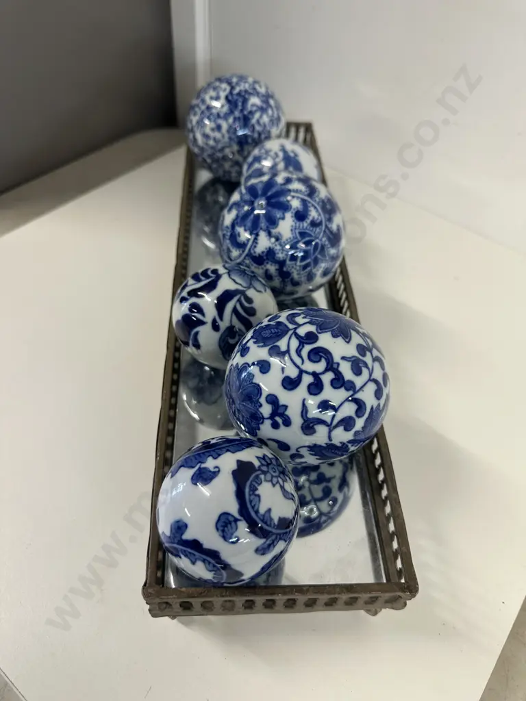 Decorative Blue & White Balls On Mirrored Tray Image 1++