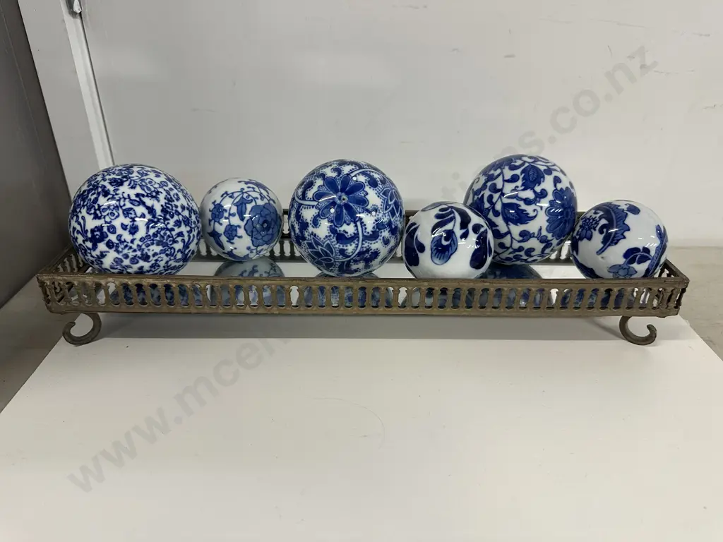 Decorative Blue & White Balls On Mirrored Tray Image 1++