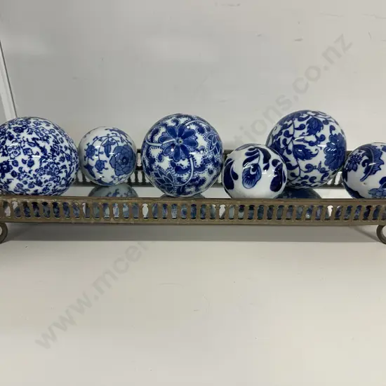 Decorative Blue & White Balls On Mirrored Tray