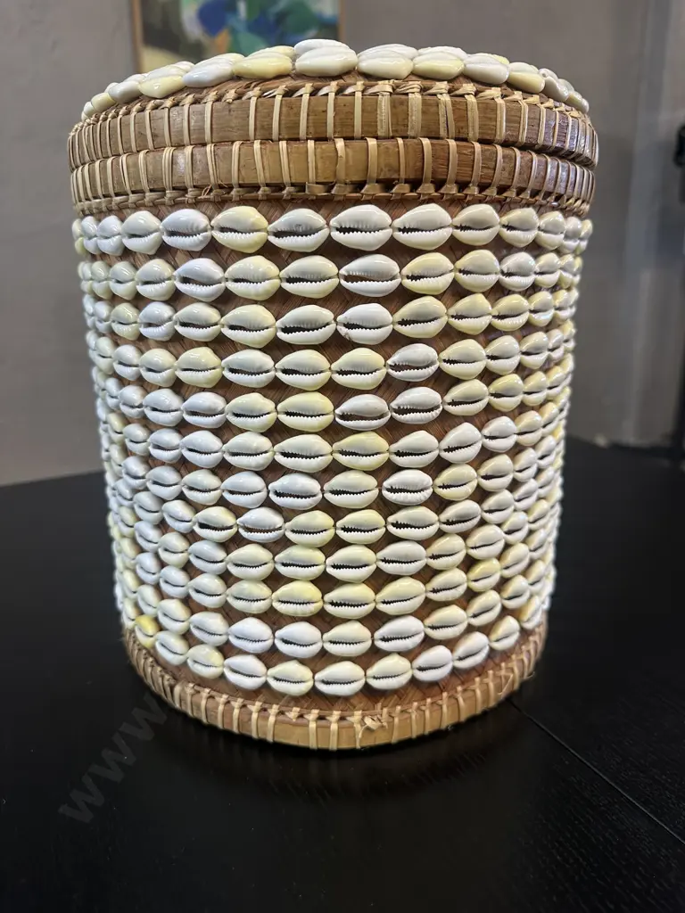 Balinese Lidded Woven Basket Decorated With Rows of Cowrie Shells. H29cm Image 1++