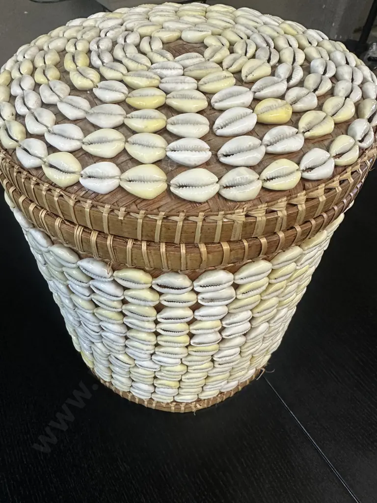 Balinese Lidded Woven Basket Decorated With Rows of Cowrie Shells. H29cm Image 1++