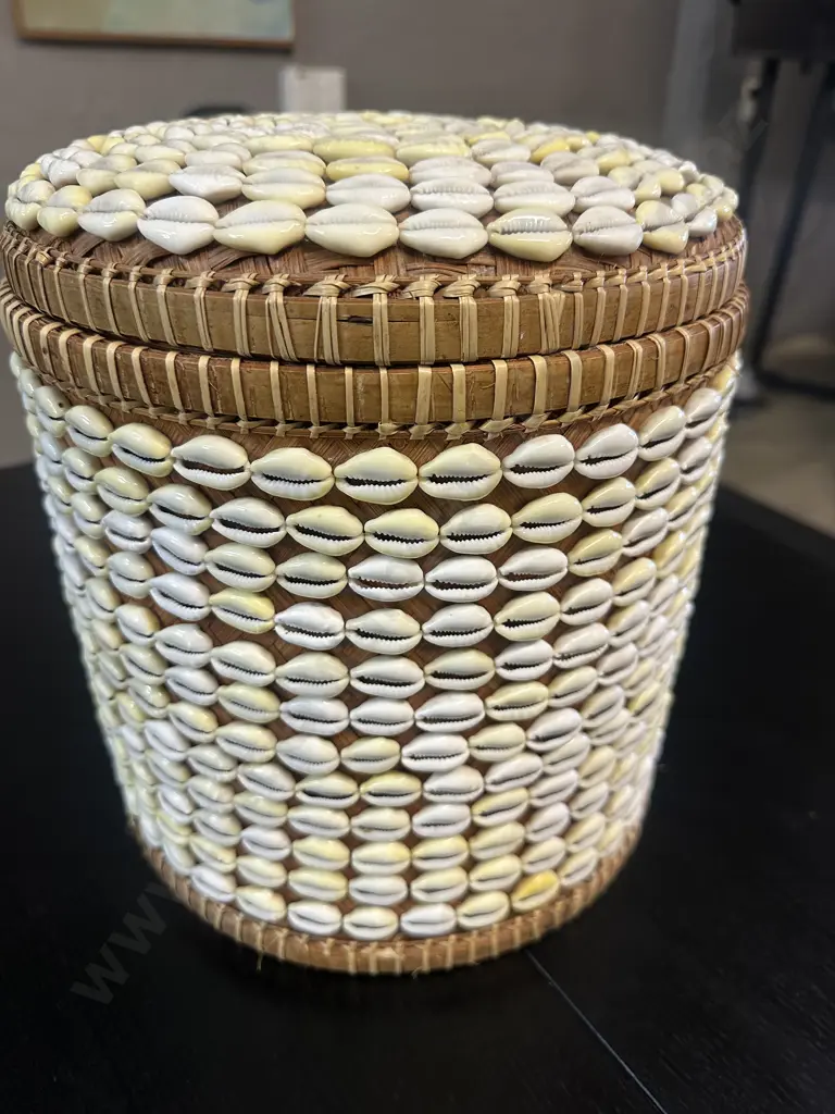 Balinese Lidded Woven Basket Decorated With Rows of Cowrie Shells. H29cm Image 1++