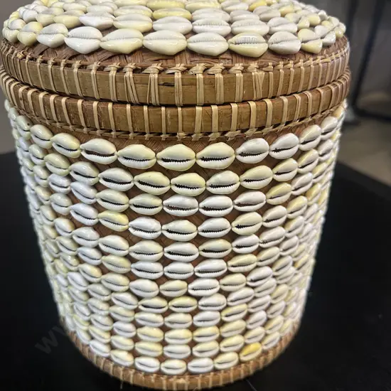Balinese Lidded Woven Basket Decorated With Rows of Cowrie Shells. H29cm