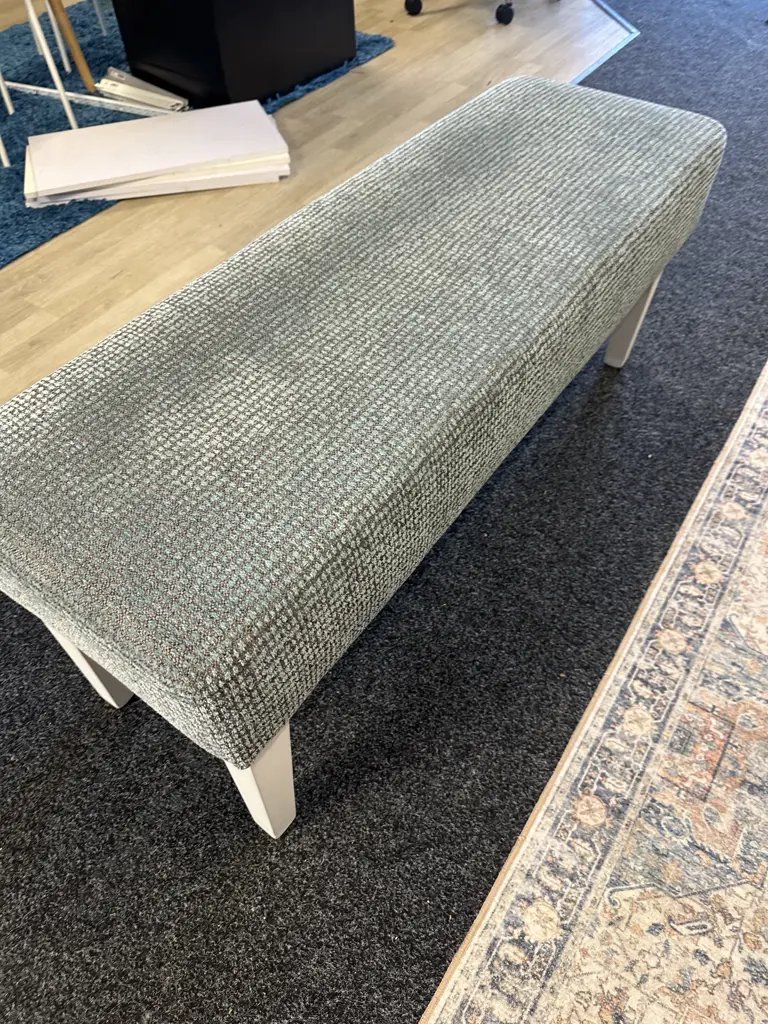 Pale Blue & Grey Flecked Fabric Rectangular Ottoman With Painted White Legs. H50 W123 D42cm Image 1++
