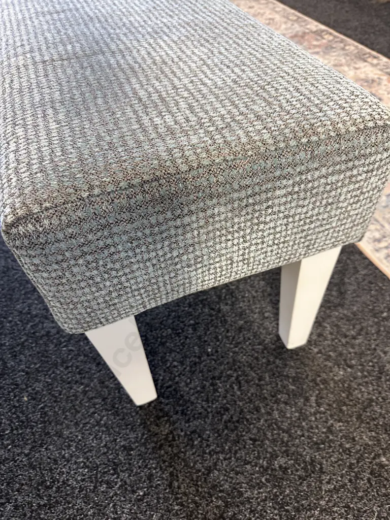 Pale Blue & Grey Flecked Fabric Rectangular Ottoman With Painted White Legs. H50 W123 D42cm Image 1++