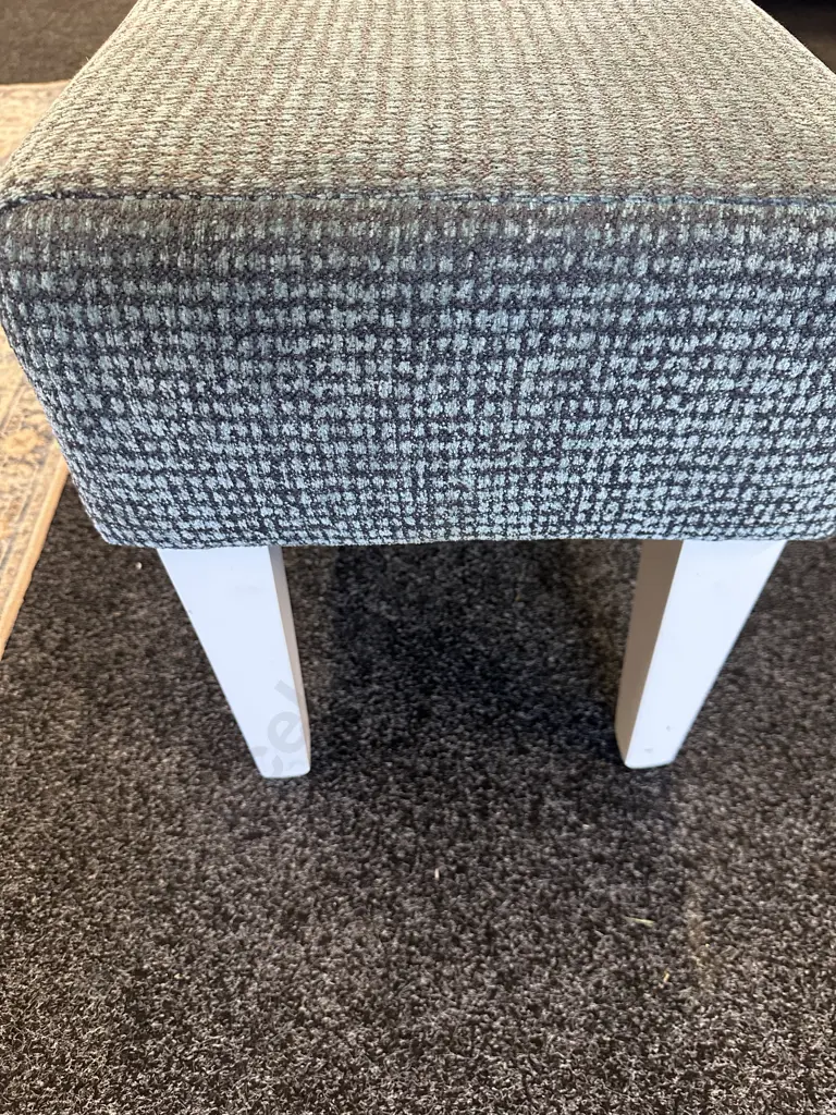 Pale Blue & Grey Flecked Fabric Rectangular Ottoman With Painted White Legs. H50 W123 D42cm Image 1++