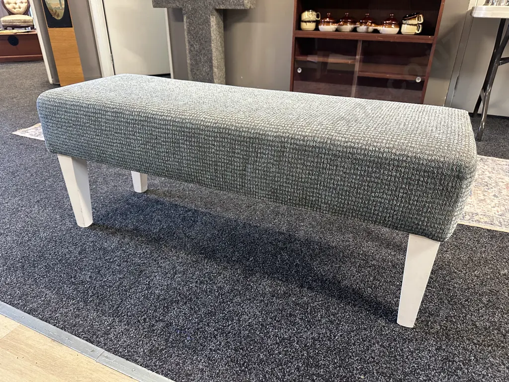 Pale Blue & Grey Flecked Fabric Rectangular Ottoman With Painted White Legs. H50 W123 D42cm Image 1++