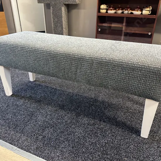 Pale Blue & Grey Flecked Fabric Rectangular Ottoman With Painted White Legs. H50 W123 D42cm
