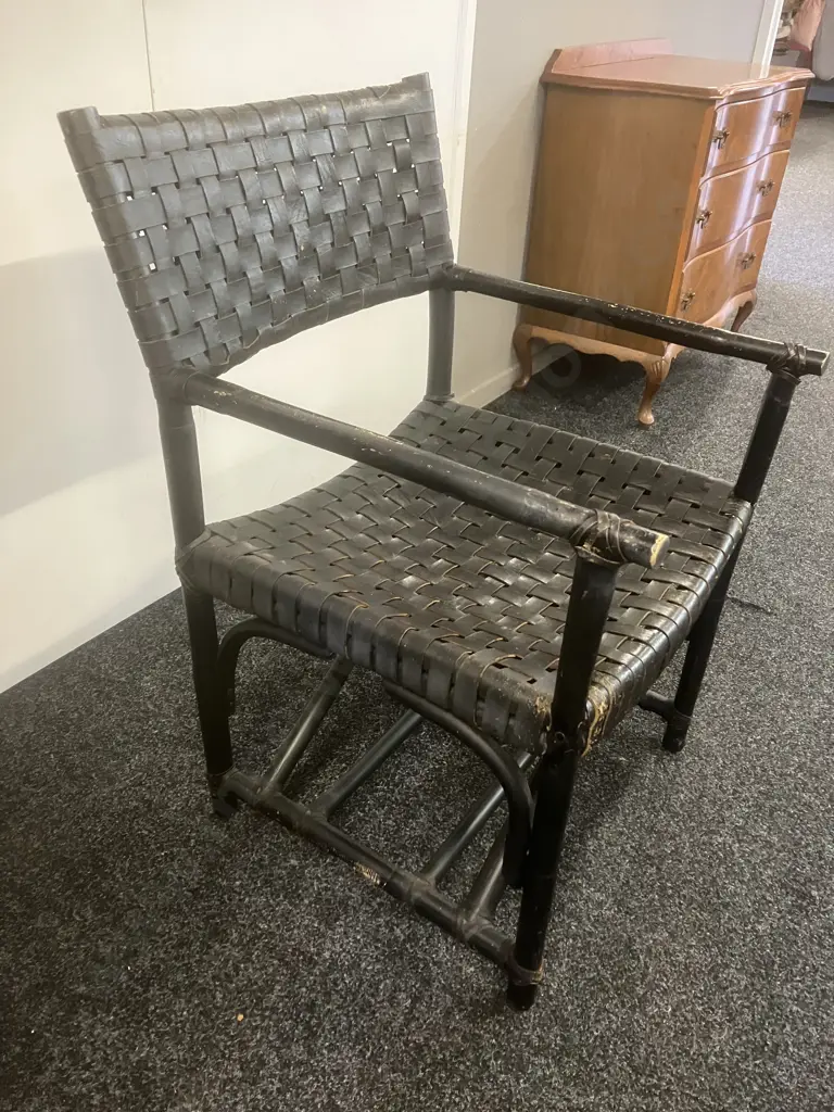 Leather & Bamboo Latticed Chair In The Style of The McGuire Chair Image 1++