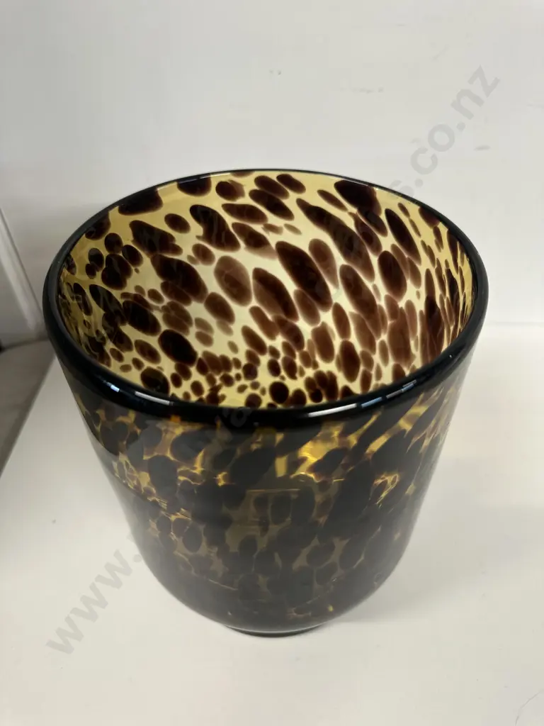 Footed Turtoiseshell Hurricane Vase H22.5cm. Amber & Dark Brown Mottled Pattern Image 1++