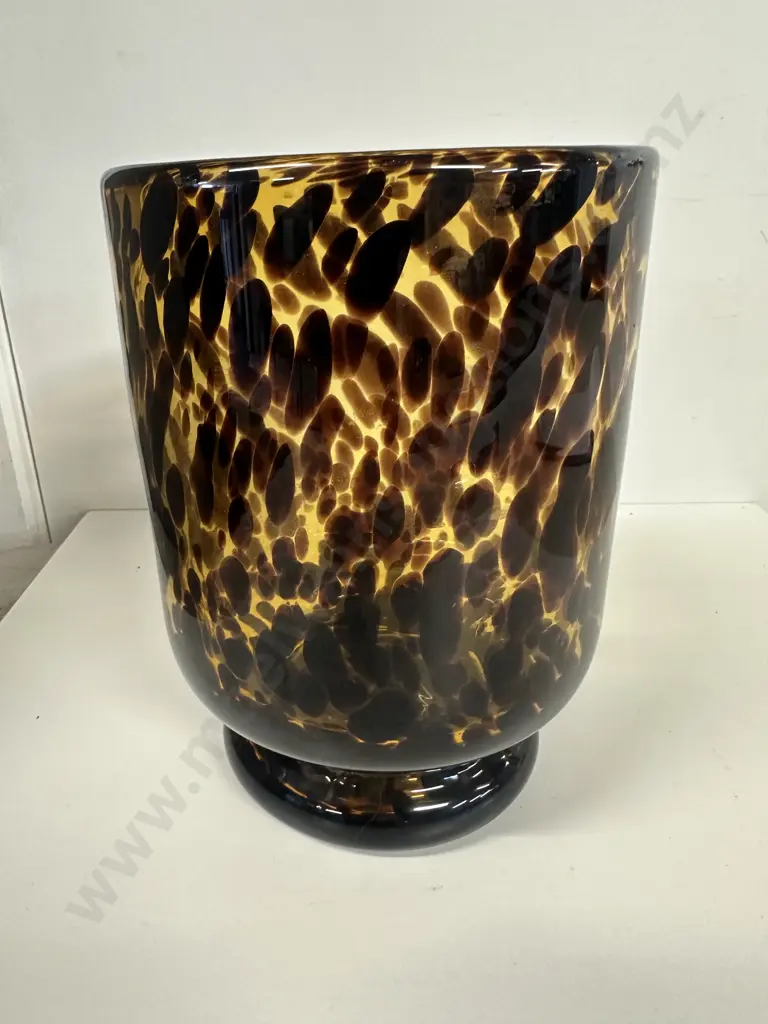 Footed Turtoiseshell Hurricane Vase H22.5cm. Amber & Dark Brown Mottled Pattern Image 1++