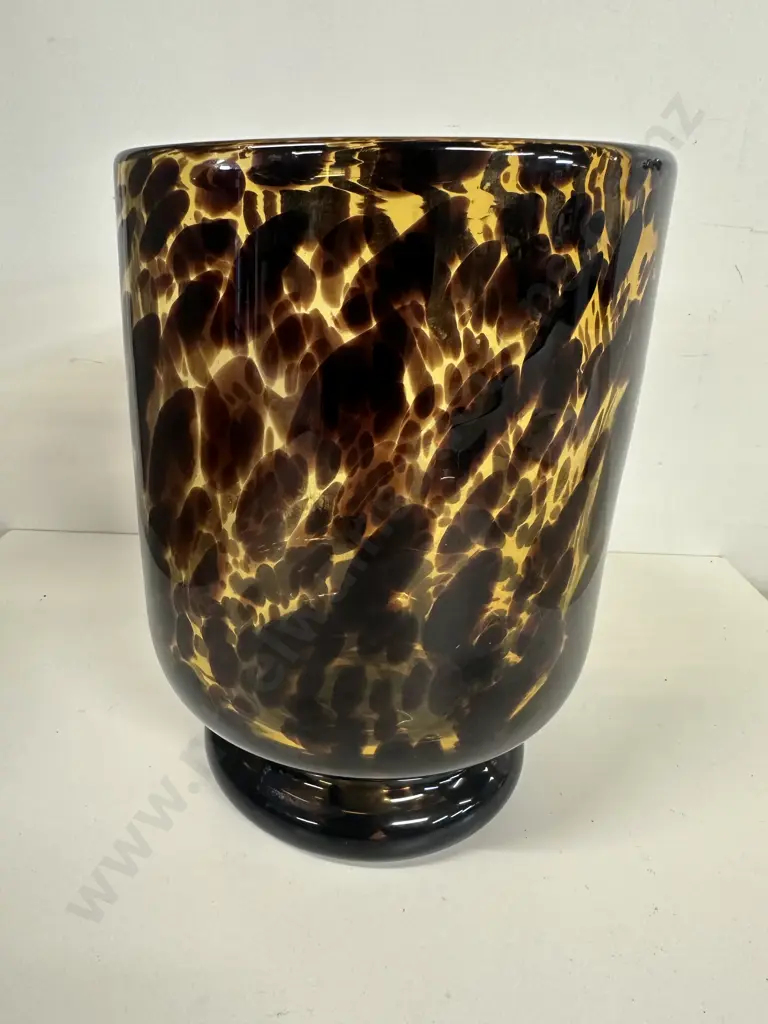 Footed Turtoiseshell Hurricane Vase H22.5cm. Amber & Dark Brown Mottled Pattern Image 1++