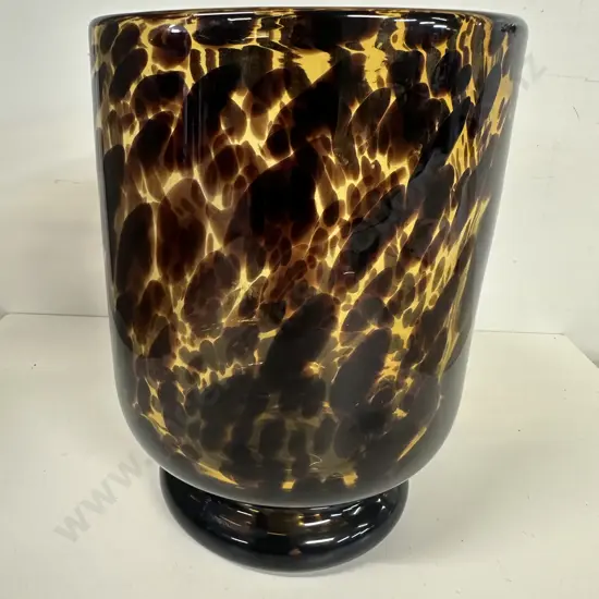 Footed Turtoiseshell Hurricane Vase H22.5cm. Amber & Dark Brown Mottled Pattern