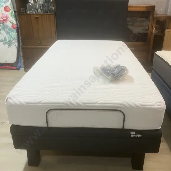 King Single Size Tempur Ergo Motion Adjustable Bed Frame With Mattress & Black Headboard (103 x 196cm)