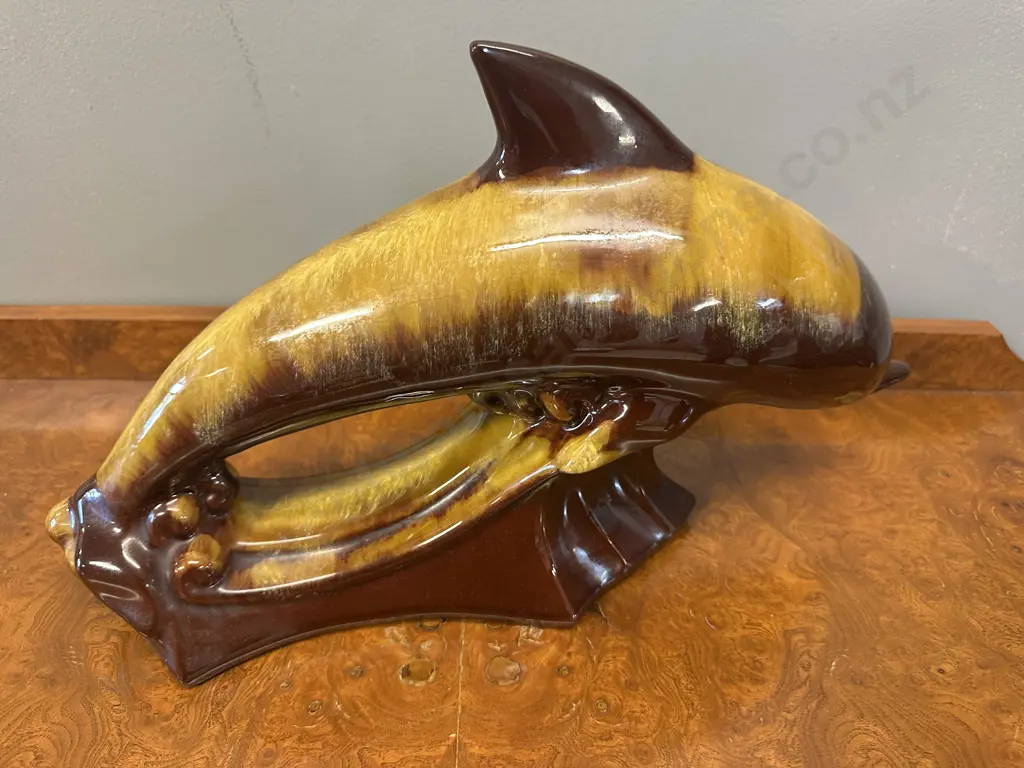 Vintage Blue Mountain Pottery Harvest Gold Drip Glaze Dolphin Ornament Image 1++