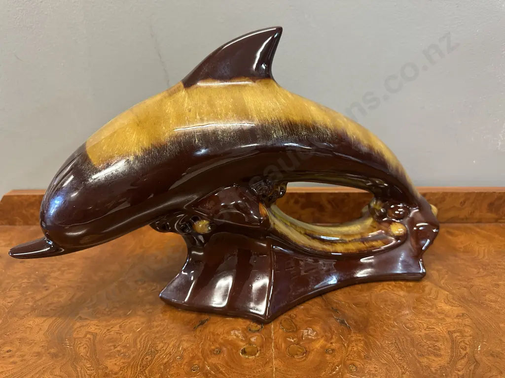 Vintage Blue Mountain Pottery Harvest Gold Drip Glaze Dolphin Ornament Image 1++