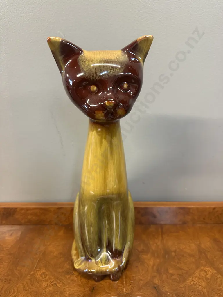 Vintage Blue Mountain Pottery Harvest Gold Drip Glaze Long Necked Siamese Cat Figurine e Image 1++