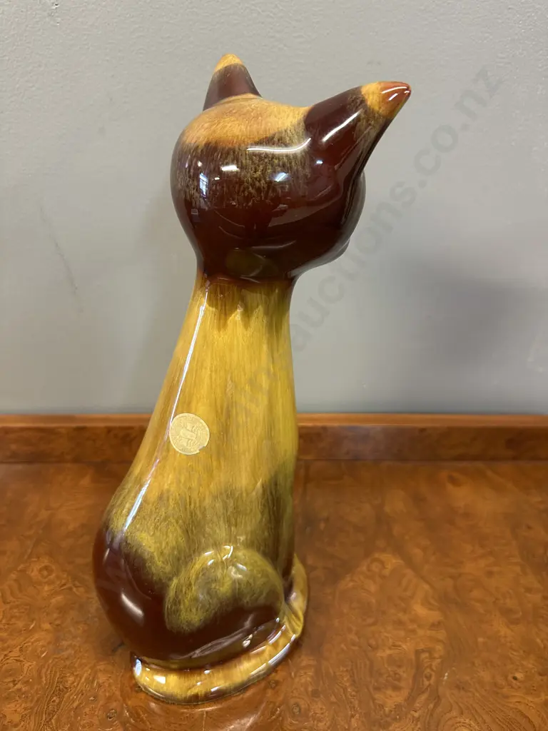 Vintage Blue Mountain Pottery Harvest Gold Drip Glaze Long Necked Siamese Cat Figurine e Image 1++