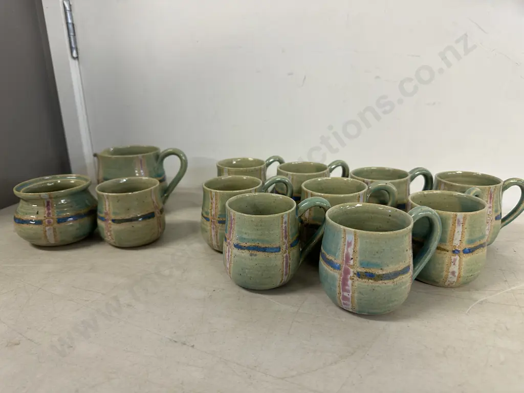 Signed UAN Pottery Coffee Mugs, Sugar Bowl, Creamer & Spoon Holder Image 1++