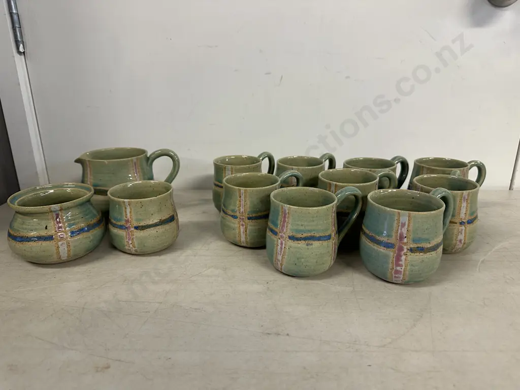 Signed UAN Pottery Coffee Mugs, Sugar Bowl, Creamer & Spoon Holder Image 1++