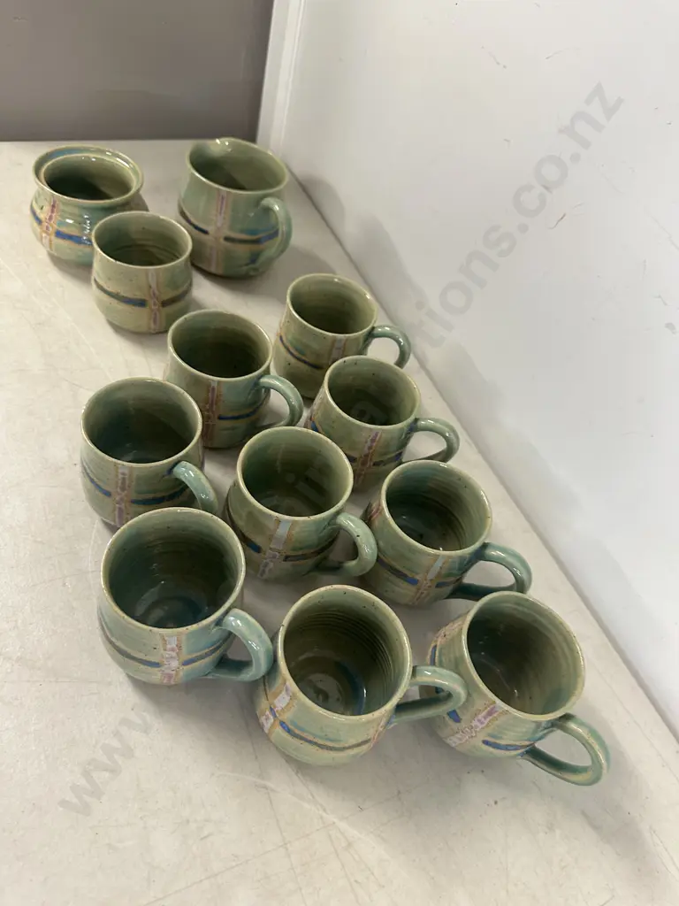 Signed UAN Pottery Coffee Mugs, Sugar Bowl, Creamer & Spoon Holder Image 1++