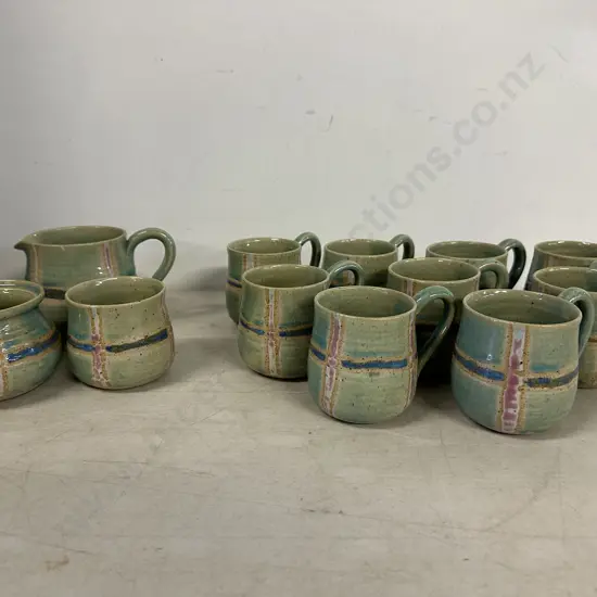 Signed UAN Pottery Coffee Mugs, Sugar Bowl, Creamer & Spoon Holder