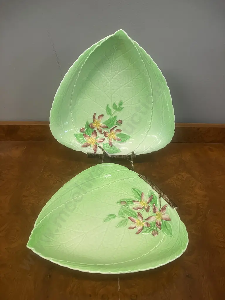 Carlton Ware Green Apple Blossom Leaf Shaped Plates c1940's, Australian Design. 24 x 24 & 23 x 22cm Image 1++