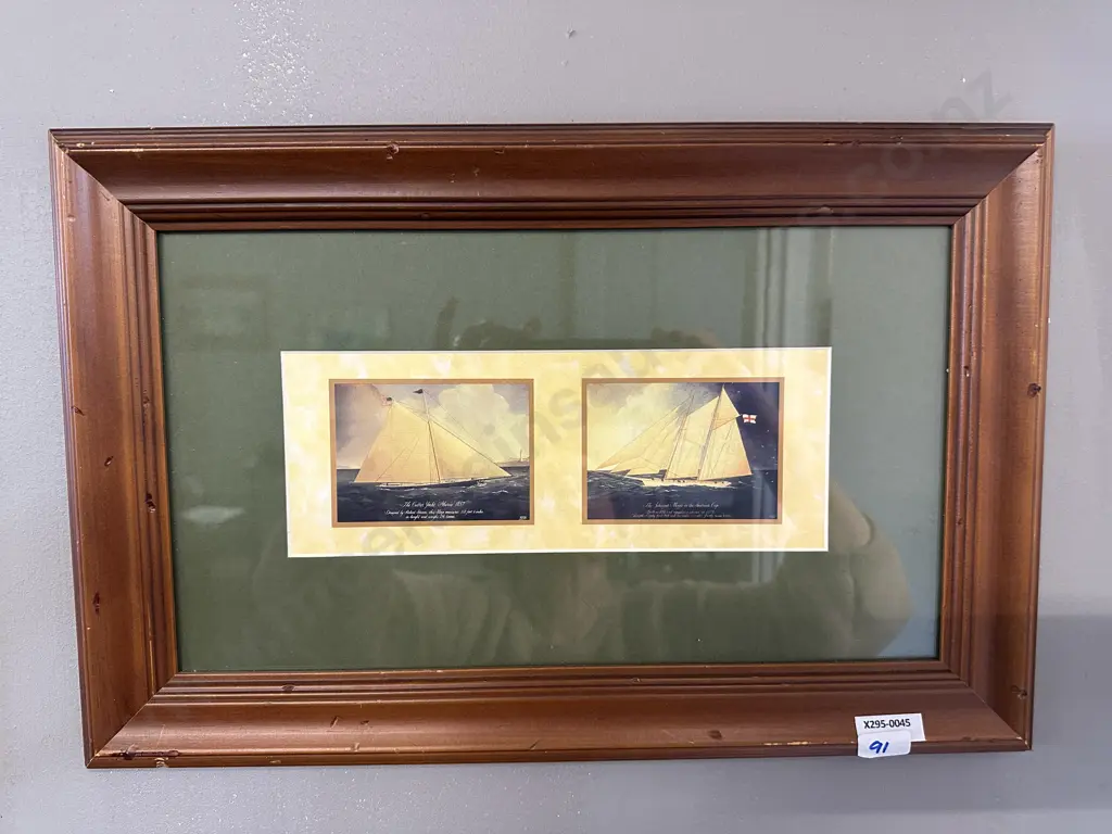 Vintage Framed Nautical Print 1857 Cutter Yacht & 1870 Schooner Magic Americas Cup Contender. 30 x 43cm Image 1++